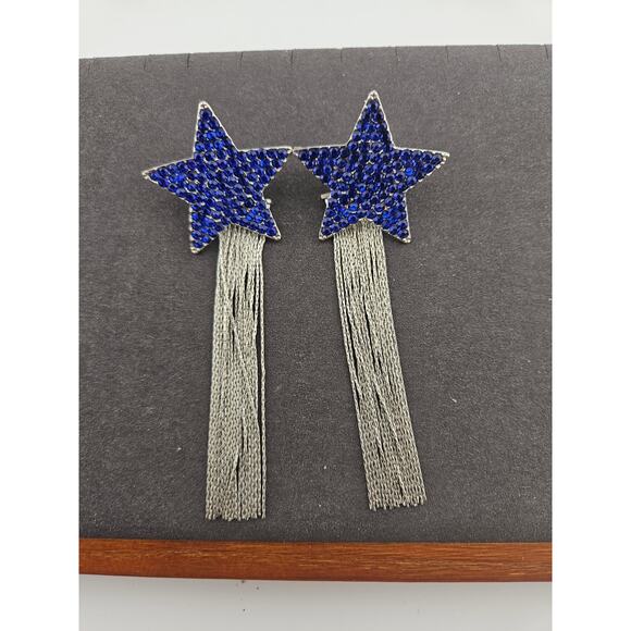 Blue Rhinestone Shooting Star Tassel Fringe Post Earrings Dallas Cowboys Style - Picture 2 of 4
